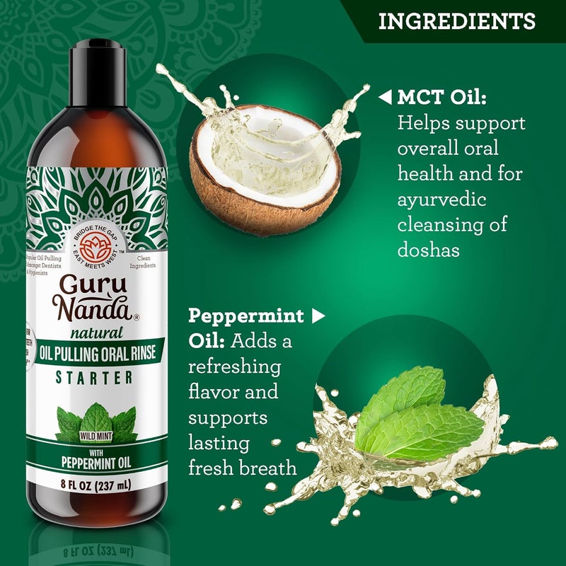 GuruNanda Starter Pulling Oil Mouthwash for Natural Teeth Whitening, Coconut and Peppermint Oil for Fresh Breath & Happy Gums, with Toothbrush & Tongue Scraper, Alcohol-Free, 8 Oz - Image 3